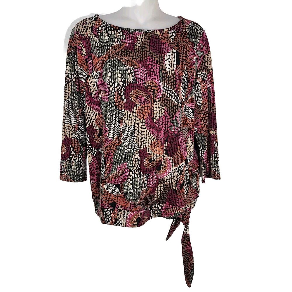 Chico's Women Tee Size 1 Medium CoziSoft Dot Floral Side Tie Boat Neck 570313206
